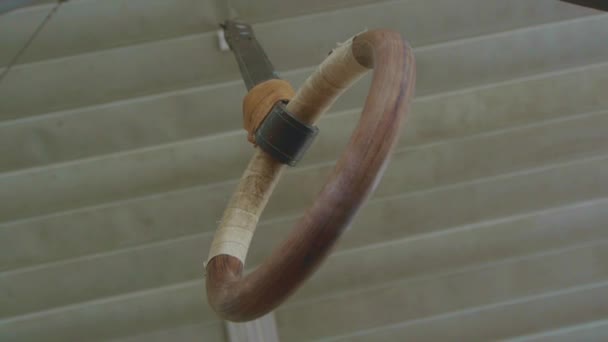 Gymnastic rings are suspended to an iron arch, rings for training in the hall — Stock Video