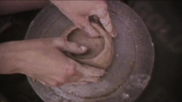 Vintage Effect Young Woman Makes Jug Clay Female Hands Mold — Stock Video