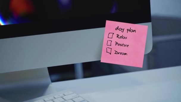 Plano Dia Inscrição Autocolante Monitor Mensagem Motivação Lembrete Texto Manuscrito — Vídeo de Stock