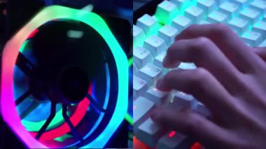 Bilgisayar oyunu oynayan bir oyuncu. Ekranı böl. Programcı. İnternetten alışveriş. Siber Pazartesi. Ellerini klavyeye koy. Neon ışıklı klavye. E-Spor. Bilgisayar oyunlarında şampiyonluk. Bilgisayar parçaları.