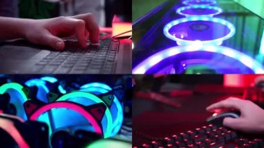 Bilgisayar oyunu oynayan bir oyuncu. Ekranı böl. Programcı. İnternetten alışveriş. Siber Pazartesi. Ellerini klavyeye koy. Neon ışıklı klavye. E-Spor. Bilgisayar oyunlarında şampiyonluk. Bilgisayar parçaları.