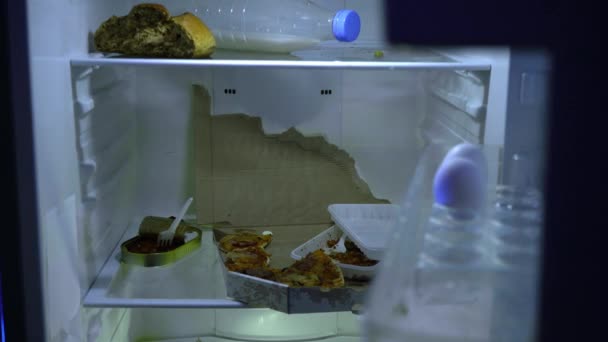 Uomo Cerca Cibo Frigo Tipo Mangia Cibo Avanzato Frigo Prende — Video Stock