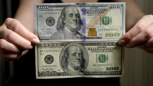 Nowe Stare Dolary Rękach Banknoty Studolarowe 100 Usd Zbliżenie Użyj — Wideo stockowe