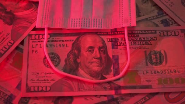 Medical Mask Lies Dollars Pandemic Virus Financial Crisis Red Color — Stock Video
