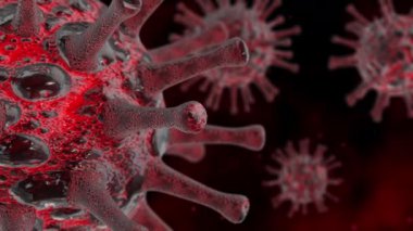 Coronavirus 2019-NCov. Kandaki virüs bulaşmış. Mikroskop virüsü yaklaşıyor. 3D görüntüleme. Konsept SARS-CoV-2. Dünya salgını, virüsün yayılması. COVID-19