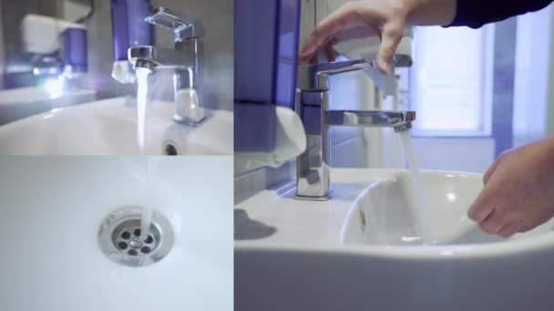 Adam Musluğun Altında Ellerini Sabunla Yıkıyor Ekranı Böl Antibakteriyel Jelle — Stok video