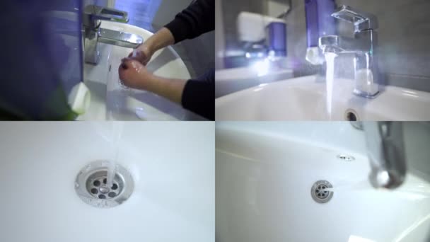 男は蛇口の下に石鹸で手を洗っている 分割画面 抗菌ジェルで手をよく洗う ヘルスケア ボディケア ウイルス対策 手を洗うことによるコロナウイルスのパンデミックの予防 — ストック動画