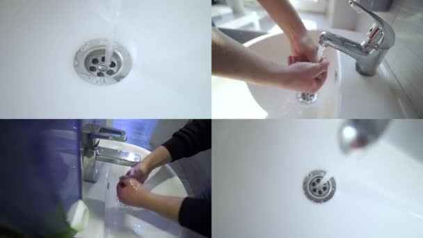 Άνθρωπος Πλένει Χέρια Σαπούνι Κάτω Από Βρύση Διαχωρισμένη Οθόνη Καθαρισμός — Αρχείο Βίντεο