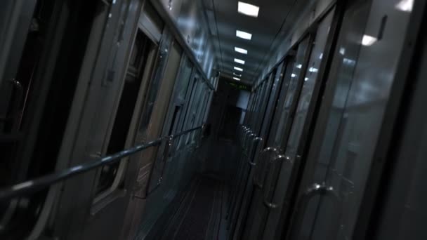 電車の中だ 夜の空の列車 鉄道車両 強い揺れだ 旅客輸送室内 長い旅だ 観光旅行 恐ろしい 不気味な捨てられた場所 ライトが低い — ストック動画