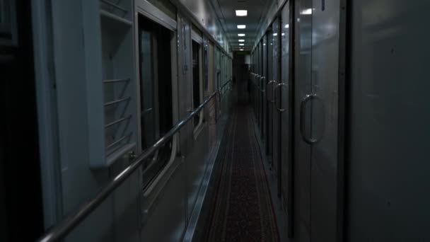 在火车车厢里空车在晚上 铁路运输 强烈的震动走廊 客运车厢内部 长途旅行 旅游旅行 一个可怕的 令人毛骨悚然的荒废地方 — 图库视频影像