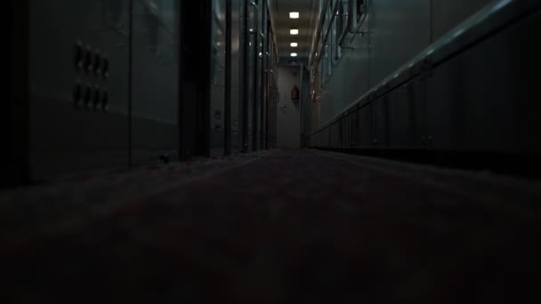 在火车车厢里空车在晚上 铁路运输 强烈的震动走廊 客运车厢内部 长途旅行 旅游旅行 一个可怕的 令人毛骨悚然的荒废地方 — 图库视频影像