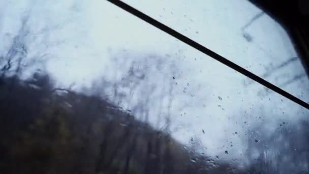 窗外没有叶子的树枝 从客车的窗户往外看 窗外是典型的秋天风景 雨点落在窗户上 忧郁的人 — 图库视频影像