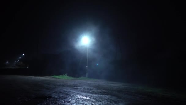 Una Lámpara Calle Iluminando Una Calle Oscura Durante Una Noche — Vídeos de Stock