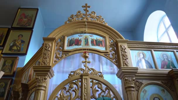 Ukraine Kyiv May 2019 Face Saint Icon 圣徒的形象和 中所描述的事件 教堂墙壁上的图标 — 图库视频影像