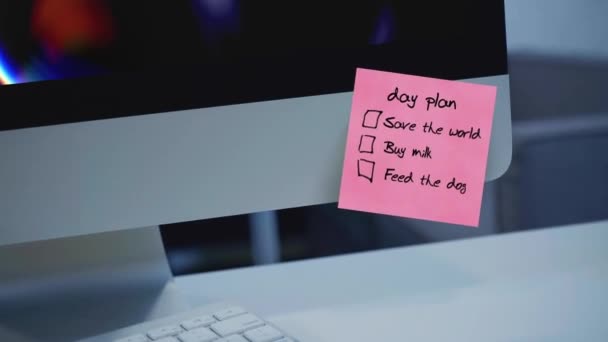Lepkie Notatki Plan Dnia Napis Naklejce Monitorze Wiadomość Motywacja Przypomnienie — Wideo stockowe