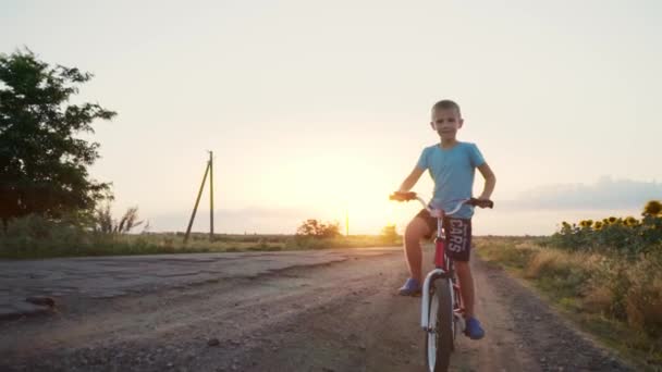 Egy Gyerek Biciklizik Egy Vidéki Úton Gyerekkerékpározás Aktív Nyári Vakáció — Stock videók