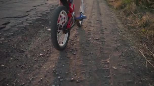 Niño Monta Bicicleta Una Carretera Rural Ciclismo Infantil Vacaciones Verano — Vídeos de Stock