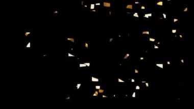 Altın konfeti düşüyor. Çok renkli simler var. Işınlar, parıltı, parıltı, parıltı, gökkuşağı. Gerçekçi Altın Konfeti. Parlak partiküller. Yeni yıl, Noel, parti, doğum günü, konser.