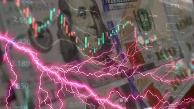 Coronavirus krizi konsepti. Yanıp sönen kırmızı ışık. Finansal durgunluk, durgunluk, kriz, iş kazası ve ekonomik çöküş kavramı. Yıldırım çarpması, Fırtına. 100 dolarlık banknotlar.