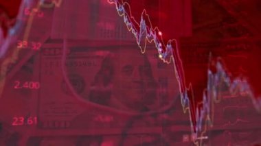 Benjamin Franklin 'in boynundaki göz bağı. Yanıp sönen kırmızı ışık. Coronavirus borsa krizi konsepti. Finansal durgunluk, kriz, iş kazası ve ekonomik çöküş kavramı. Tıbbi maske.