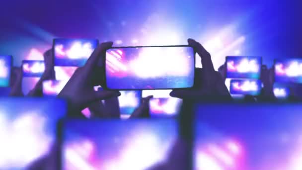 Szczęśliwi Ludzie Koncercie Dużo Smartfonów Fani Nagrywają Filmy Smartfonach Koncepcja — Wideo stockowe