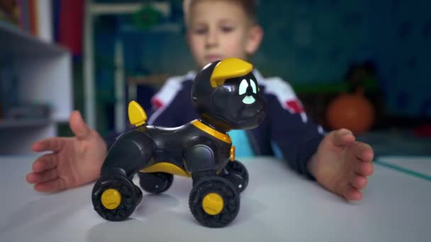 Ett Spel Med Robot Hund Tråkiga Barndrömmar Valp Pojke Sitter — Stockvideo