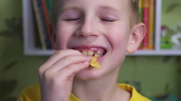 不健康なジャガイモを食べる若い白人の子供 笑顔の少年はチップを楽しんでいます 子供はポテトチップスを口に入れる ジャンクフードで軽食 満足そうな顔をした少年の肖像画 おいしい料理 — ストック動画