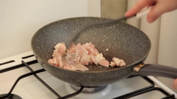 Meat and mushrooms on a pan in kitchen — Stock Video