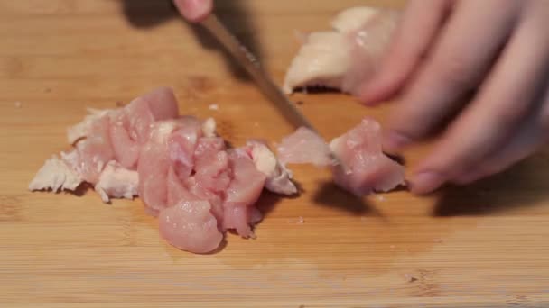 Corte de carne com uma faca para a preparação do jantar — Vídeo de Stock