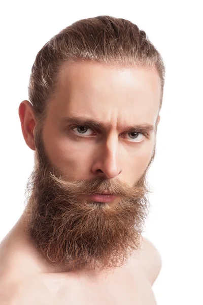 Bearded hipster looking at camera on white background — Stock Photo, Image