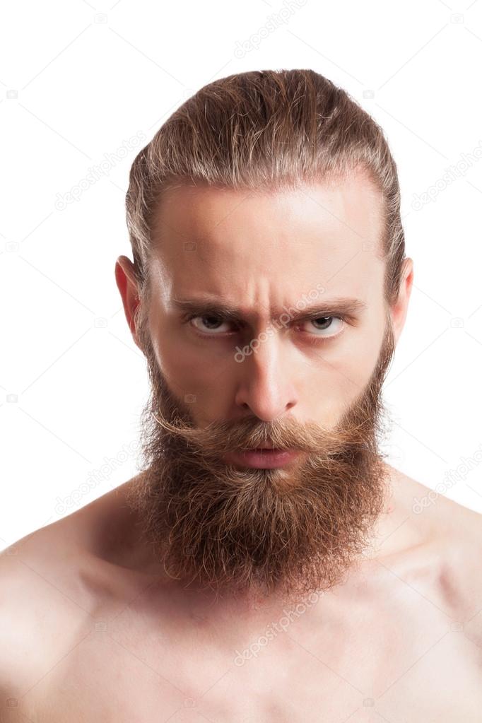 Hipster man with long beard isolated over white background