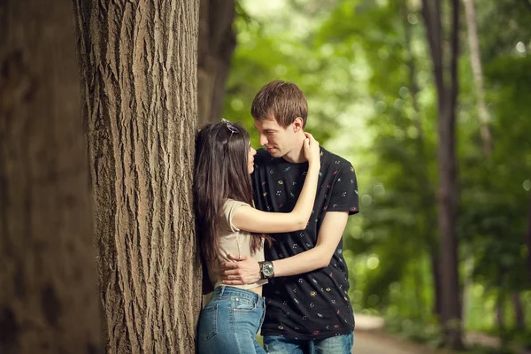 Her diğer ormandaki bir ağaç yanındaki kucaklayan Çift