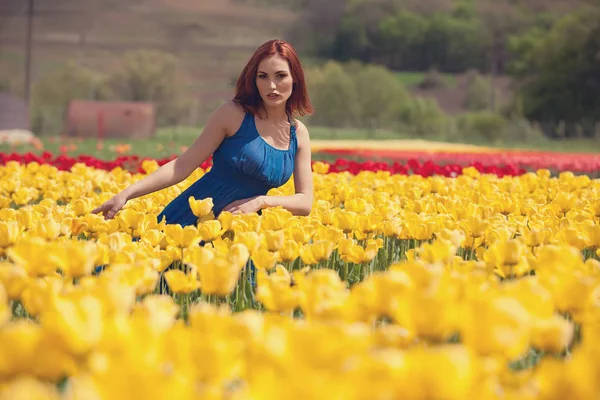 Flicka i blomma fältet — Stockfoto