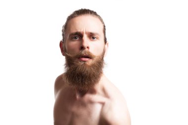Uzun sakalı beyaz arka plan üzerinde giyen hipster