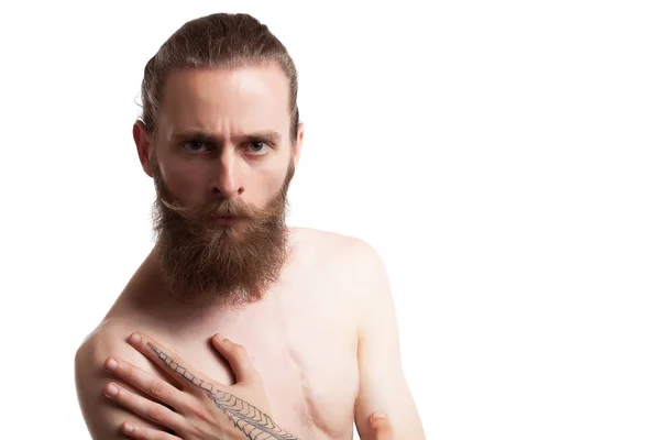 Cool bearded tattooed hipster on white background — Stock Photo, Image