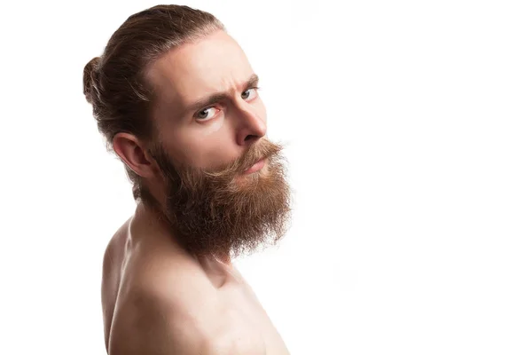 Bearded tattooed hipster on white background — Stock Photo, Image