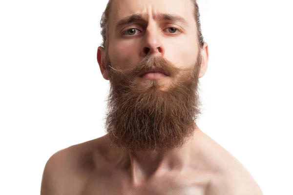 Bearded tattooed hipster on white background — Stock Photo, Image