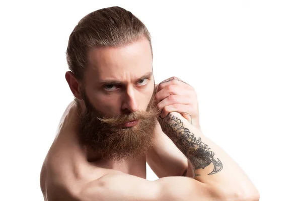 Hipster com barba longa sobre fundo branco — Fotografia de Stock