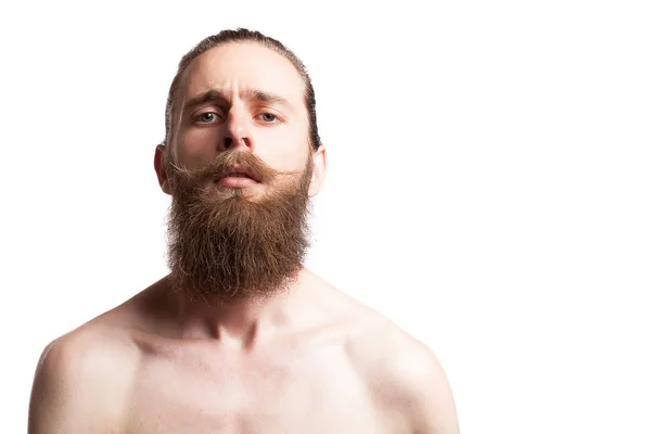 Hipster usando uma longa barba no fundo branco — Fotografia de Stock