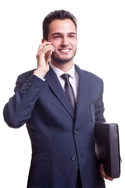 Homem feliz de terno com telefone e pasta — Fotografia de Stock