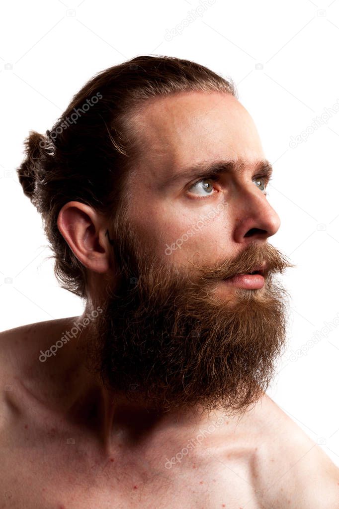 Cool hipster with long beard isolated over white background