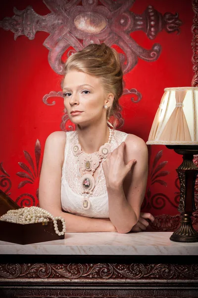 Blonde Woman in victorian dress and interior — Stock Photo, Image