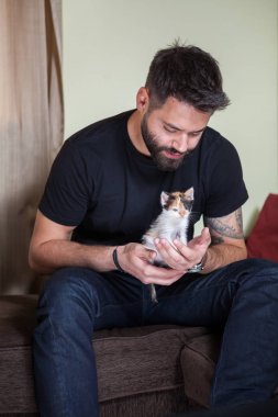 Muhteşem güzel genç çift holding kediler elinde