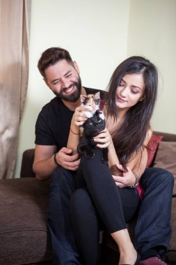 Muhteşem güzel genç çift holding kediler elinde