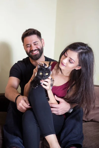 Прекрасная красивая молодая пара держит кошек в руках — стоковое фото