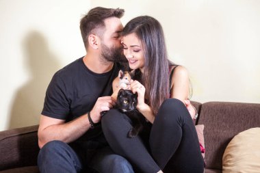 Muhteşem güzel genç çift holding kediler elinde