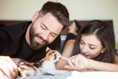 Güzel genç Inlove çift a yavru kedi ile oynarken yatakta