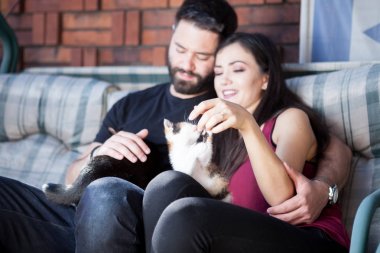 Muhteşem güzel genç çift holding kediler elinde