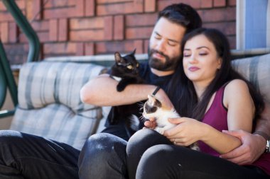 Muhteşem güzel genç çift holding kediler elinde