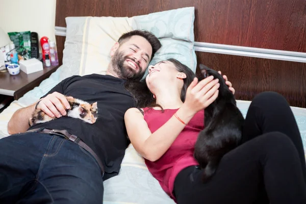Young inlove couple on the bed with their cats — Stock Photo, Image